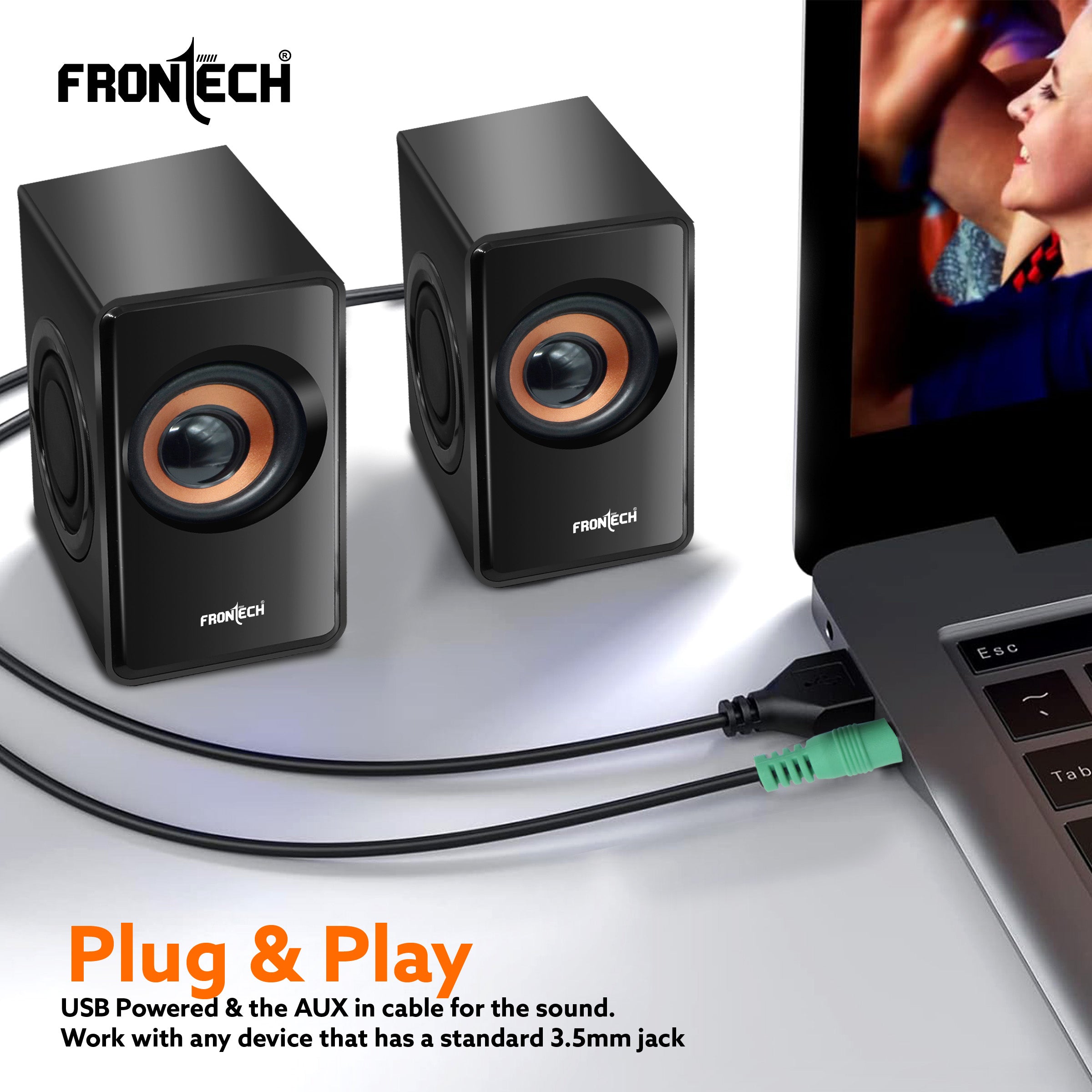 Frontech 2.0 USB PC Speakers | 2x2.5W Drivers (5cm) | 3.5mm Jack | For Laptop, PC, TV & Mobile (SPK-0001) Frontech 2.0 USB PC Speakers | 2x2.5W Drivers (5cm) | 3.5mm Jack | For Laptop, PC, TV & Mobile (SPK-0001)